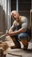 Placeholder: short, burly beefy robust bricklayer painter 40 years old, shaved hair, short blond beard, bare-chested in overalls, photorealistic, side light, inside a building under construction