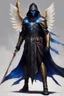 Placeholder: A commander with a black cloak and a long coat with long combat boots and a long spear with his Helmet is golden under his cloak like assasins With a magical power in his hand and a white anklet and boots With blue flame eyes,It has two black wings on its back