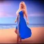 Placeholder: Beautiful full body woman blue eyes long blond hair in an hippy blue flower dress on a beach, unreal engine, 4k