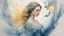 Placeholder: Victorian era, watercolor drawing, double exposure, fine rendering, portrait of a beautiful woman 30 years old, airy transparent dress, double exposure, bird, fantasy, blue, yellow, flowing hair, highlights, sparkles, clear lines, detail, fine drawing, high resolution , 8K, photorealism, precise focus,