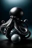 Placeholder: Photo realistic image of an octopus with black skin wrapped around a giant white pearl in the darkness of the deep ocean
