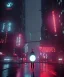 Placeholder: circular white moon, 3D, beautiful, light reflecting, empty city, midnight, rainy night, neon, cyberpunk, person walking