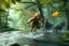 Placeholder: oil painting ,motion blur running caped long haired male angel pixie Quickling - Forgotten Realms dodging magical fire arrows above water and along winding branches in lush green forest along speeding horses , bokeh like f/0.8, tilt-shift lens 8k, high detail, smooth render, down-light, unreal engine, prize winning