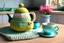 Placeholder: knitted teapot with china cup in a modern kitchen isn sunshine