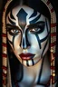 Placeholder: wallpaper hyper-realistic full body of a mysterious woman with intricate ceremonial face paint,d. Her porcelain skin is painted with sharp navy blue and white geometric stripes running vertically, framing her nose and outlining her features in a symmetrical, almost sacred pattern. Her eyes are intense and ethereal, with shimmering black and silver eyeshadow, outlined in crimson red, giving her a haunting, regal presence. Red crystal-like beads hang like tears from under her eyes, strung on golde