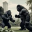 Placeholder: [vintage style noisy scratches glitches, Shot the texture and then rewound the film and double exposed the face] Donald Trump and Elon Musk are King Kong and Godzilla: the enormous Trump Kong and the terrible Muskzilla are fighting in Whitehouse gardens