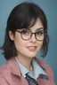 Placeholder: 1980's yearbook photo, Lucy Hale, 1980's clothing and hair styles, 4k UHD, photorealistic, ((big, full, plump, pouty lips:1.5)) black hair, big cat-eye eyeglasses, dark blue foggy gradated wall background