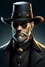 Placeholder: saint gunman with a round hat sunglasses and a black coat and a short black and graying beard in the wild west, grimdark realistic