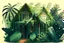 Placeholder: House illustration, realistic, detailed, illustrative, childrenbook style, green house, jungle plants