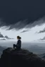 Placeholder: Ilustration of a woman sitting on the edge of a cliff, with a dark and cloudy sky in the background