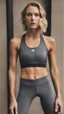 Placeholder: photography of a beautiful anorexic woman, grey satin triathlon top, sports illustrated, blond short wavy bob haircut, pronounced sternum, flat chest, anthracite cycling leggins