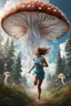 Placeholder: photorealistic girl running from a mushroom with jellyfish tentacles with tall narrow cloud trees in the background