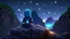 Placeholder: Minecraft Character, minecraft theme, purple starry sky, meditating, facing back, wearing gown, minecraft style, in between two cliffs,