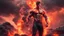 Placeholder: Hyper Realistic Handsome Muscular Fire-Super-Hero standing with Lava-splashes & Magma-Rocks & fire-meteor-shower with red cloudy sky & smoke around, dramatic & cinematic ambiance