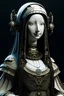 Placeholder: monalisa intricate details, futuristic outfit, gorgeous, weird, serious with VR Glasses which is a plan for the design of a computer in the style of Leonardo Da Vinci