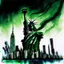 Placeholder: medium stroke Watercolor and pen illustration, Epic, dramatic long shot of anthropomorphic Lovecraftian Yog-Sothoth Statue of Liberty against dystopian New York skyline, Eldritch, faint apparitional image of waving black and green striped American Flag in the horizon, sinister eldritch patriotism, dynamic composition, complex contrast, CGSociety,