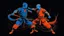 Placeholder: An image of two wushu fighters fighting in a black, orange, and blue color scheme.