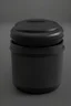 Placeholder: black container, plastic, realism, with screw lid, no labels, round container, front view, dark studio setting