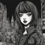 Placeholder: create a horror illustration of a dark haired, savage vampire gothpunk girl with highly detailed , sharply defined feminine facial features, in a chaotic, turbulent, otherworldly London in the anime style of Junji Ito, precisely drawn, inked, with dramatic edges,