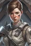 Placeholder: A young space warrior woman with freckles and short brown hair, wearing a silver jumpsuit and holding a pair of energy pistols