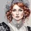 Placeholder: detailed pen drawing of a athletic petite pale russian redhead woman 30yo, long eye lashes, eye shadow, eye liner, Wearing A victorian Dress