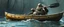 Placeholder: ancient bald fat ogre troll machete sitting relaxed in huge massive kayak in stream, smacking fish with big metal oar