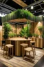 Placeholder: Corner exhibition stand in eco-style, with wood elements and greenery, with meeting areas