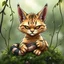 Placeholder: caricature from an european wild cat sitting in moss, between tendrils and a dead little bird lies between his paws, looks casually and devilishly at the camera, caricature style, detailed, kind, humorous, sharp lines, comic, digital art , blur background