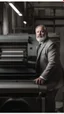 Placeholder: italian strong massive big chubby 50 year old man in smart gray suit, unbuttoned shirt, short beard, shirtless, printer in an old printing house, next to a huge old printer, dim light, side light, ambient occlusion