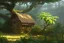 Placeholder: beautiful big flower tropical tree, little straw house dirty old abandoned, stream, bushes, grass and vine, small cliff, dwarf rocks, bright contrast, realistic painting, concept art, tropical forest background, hyperdetailed painting, by konstantin razumov