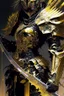 Placeholder: a person with a sword in their hand, very beautiful cyberpunk samurai, shirow masamune, black and golden armor, anime fantasy artwork, bio - mechanical ninja samurai, cyberpunk samurai, masamune, intricate assasin mecha armor, demon samurai warrior, light gold armor, ghostblade, lacquered armor, black and gold armor, demon samurai