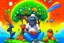 Placeholder: sasquach whit an orange bucket hat with googly eyes sitting under a tree and smoking a joint. in the middle of the sky the is a rainbow. On the right of the rainbow you can see a night sky with a galaxy and planets. on the left side of the rainbow is clear day sky, There is a light coloured guitar near the sasquach. realistic, photograph, full body, landscape