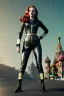 Placeholder: retro portrait image from 1960, Moscow background, wind, long red hair, fighting stance, sweet young Scarlett Johansson, classic black tight lycra suit, weapon, gold bracelet and belt, high heel boots, soft color, highly detailed, unreal engine 5, ray tracing, RTX, lumen lighting, ultra detail, volumetric lighting, 3d, finely drawn, high definition, high resolution.