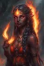 Placeholder: Fire Eladrin druid female. Hair is long and bright black part glows. Part of hair is braided and fire comes out from it. Big bright red eyes. . Is generating fire in her hands. Skin color is dark. Has a big deep scar on face