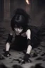 Placeholder: Gothic girl crawling towards the camera, scary moving position. Dark eyes, black clothing and dark make-up. Anime style, Realistic, 8k, chaos background