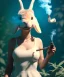 Placeholder: Ultra realistic photographic party portrait, sound club, wide-angle lens, couple, cinematic, happy blonde woman smoking a shisha pipe, accompanied by big white rabbit friend, hot, circus dress style, marihuana plants, color smoke, soft color, highly detailed, unreal engine 5, ray tracing, RTX, lumen lighting, ultra detail, volumetric lighting, high definition.