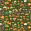 Placeholder: World made of mushrooms with little cute animals crawling around very colorful in earth tones red, dark green, moss, beige, mushrooms