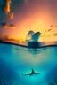 Placeholder: Hallmark card, photograph view from underwater, in the distance is a cruise ship. romantic sunset horizon. shark in the water next to a swimmer waving at the ship.