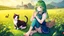 Placeholder: Girl, green hair, cat paws in hand, farm, sit, cat paws in feet