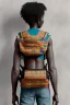 Placeholder: futuristic baby carrier in Kente, rusted clocks eyes, cinematic, scaffolding, ghana flag, african pattern symbols, black star, engraved, 8k quality