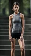 Placeholder: photography of a beautiful anorexic woman, grey satin triathlon top, sports illustrated, brunette short wavy bob haircut, pronounced sternum, flat chest, anthracite short leggins