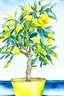 Placeholder: lemon tree with lemons in a pot on a sea background watercolor painting