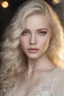 Placeholder: Photorealistic and detailed portrait: 19 year-old albino amina ependieva. heterochromia like amina ependievas eyes ghostly blonde hair in long, luxurious wispy waves ghostly blonde eyebrows ghostly blonde eyelashes buxom, tight cleavage luscious lips white edwardian blouse, lace dress fairy lights, perfect airbrush, realistic eyes, intricate stunning highly detailed photo of a girl by amina arsakova.