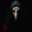 Placeholder: Front pic of a figure shrouded in a dark, hooded cloak, wearing a grotesque bird-like mask. The mask's features are deeply etched and contorted, with a single, prominent red eye. Crimson symbols, like stylized targets or occult sigils, are painted on the black cloak in a distressed, almost blood-like style. The figure's expression is disturbingly intense, and the overall atmosphere is dark, eerie, and ominous. High contrast lighting emphasizes the mask's details, casting deep shadows on the fa