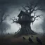 Placeholder: Hyper Realistic massive abandoned tree house between a cemetery at foggy night with crows sitting on tombstone