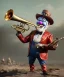 Placeholder: mechanoid old friendly fat clown with trimmed beard playing jazz with a steampunk theme, trumpet, realistic