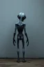 Placeholder: a gray alien standing by a wall piss on the wall back view he turned face back scared