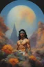 Placeholder: mugshot, Planet of the Vulcans, multicolored, large, floral designs, atmospheric, beautiful, oil painting by Frank Frazetta, 4k UHD, Photorealistic, professional quality