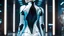 Placeholder: picture from behind the human android female with short white hair, white albino skin , she wearing black-silver-white colors futuristic fashion cloths, sje walking in high-tech futuristic office, sci-fi mood, ultra detailed, high contrast, Professional photography