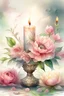 Placeholder: MAGIC A PYRAMID CANDLE IS BURNING AROUND WONDERFUL FLOWERS English watercolor, Smoky cream, pale gray, pale pink, pink background. bright light, a bouquet of roses on the table are pale pink, pale bordeaux, white, ochre. green stems, the light is translucent. Watercolor, fine ink drawing, peonies in an hourglass, elegant gold inlay, rich interior